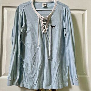 VICTORIA'S SECRET PINK SIZE M BLUE LACE UP FRONT DOG ON BACK LONG SLEEVE SHIRT